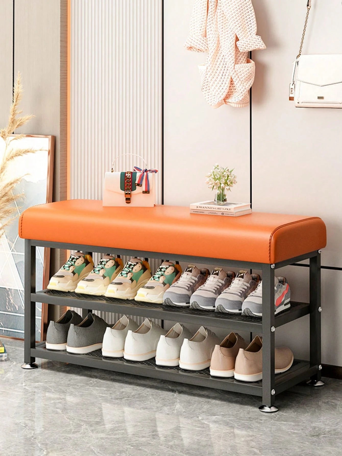 PQSQRJU Storage Bench, Shoe Changing Stool With Metal Frame, Cushioned Seat Shoe Bench‌, Multi-Compartment Organizer Rack For Bedroom, Hallway Entrance