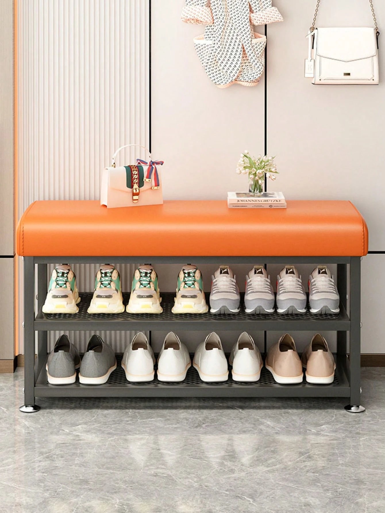 PQSQRJU Storage Bench, Shoe Changing Stool With Metal Frame, Cushioned Seat Shoe Bench‌, Multi-Compartment Organizer Rack For Bedroom, Hallway Entrance