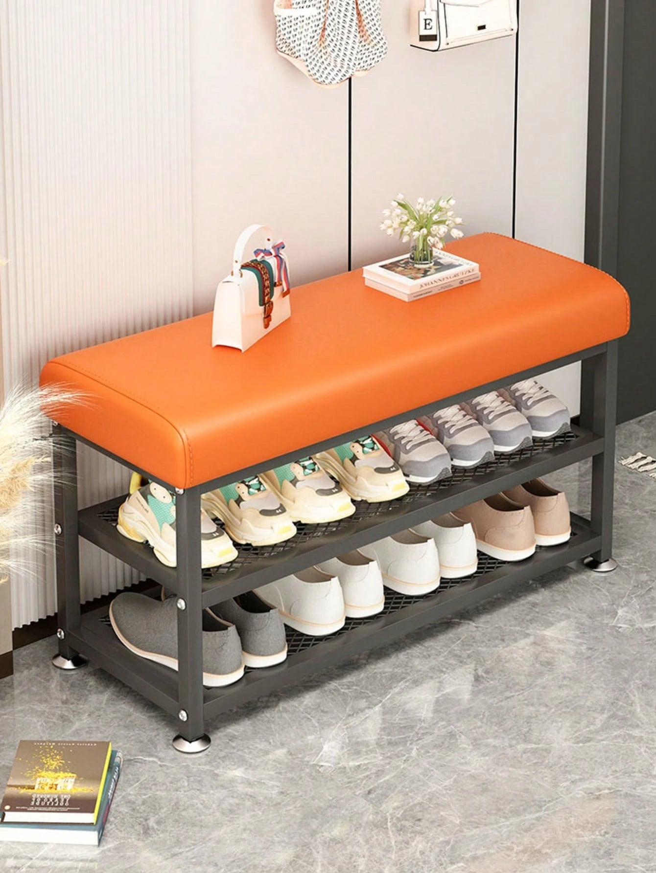PQSQRJU Storage Bench, Shoe Changing Stool With Metal Frame, Cushioned Seat Shoe Bench‌, Multi-Compartment Organizer Rack For Bedroom, Hallway Entrance