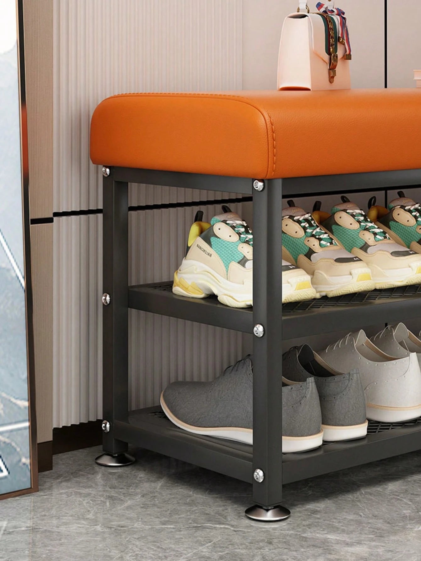 PQSQRJU Storage Bench, Shoe Changing Stool With Metal Frame, Cushioned Seat Shoe Bench‌, Multi-Compartment Organizer Rack For Bedroom, Hallway Entrance