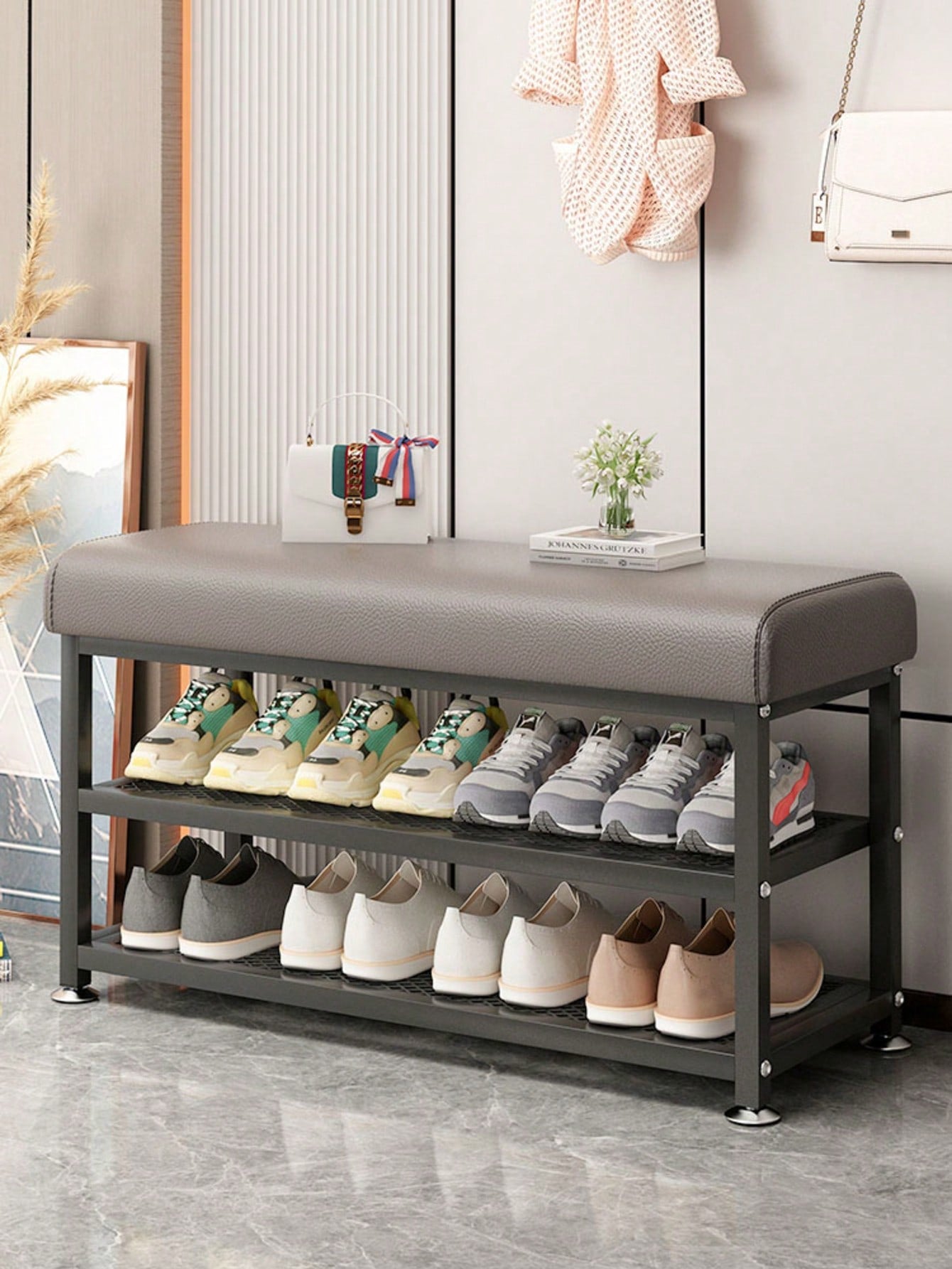 PQSQRJU Storage Bench, Shoe Changing Stool With Metal Frame, Cushioned Seat Shoe Bench‌, Multi-Compartment Organizer Rack For Bedroom, Hallway Entrance