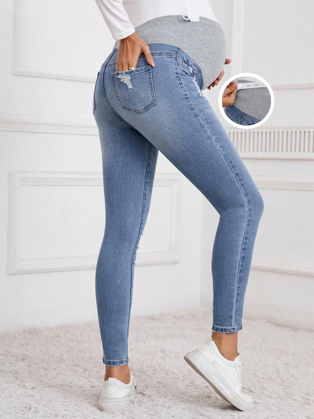 Pregnant Women Solid Patchwork Multi-Pocket Distressed Denim Jeans, Casual Everyday, For Maternity