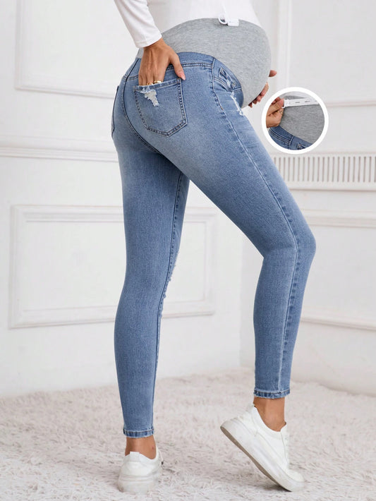 Pregnant Women Solid Patchwork Multi-Pocket Distressed Denim Jeans, Casual Everyday, For Maternity