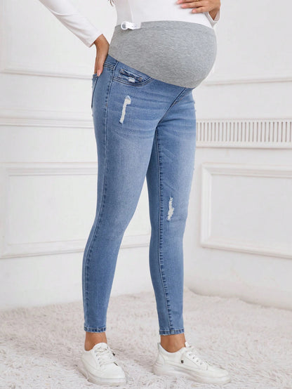 Pregnant Women Solid Patchwork Multi-Pocket Distressed Denim Jeans, Casual Everyday, For Maternity
