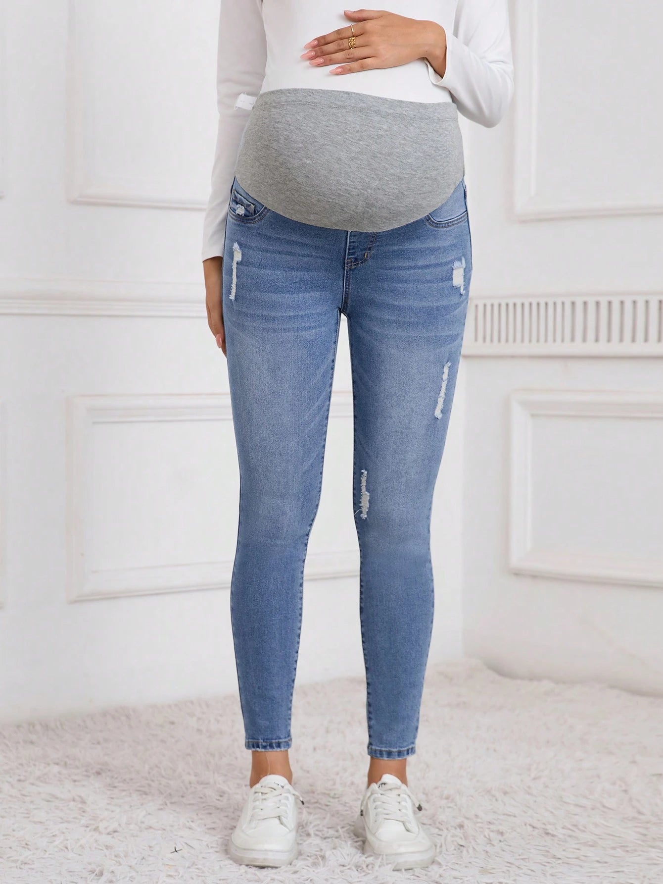 Pregnant Women Solid Patchwork Multi-Pocket Distressed Denim Jeans, Casual Everyday, For Maternity