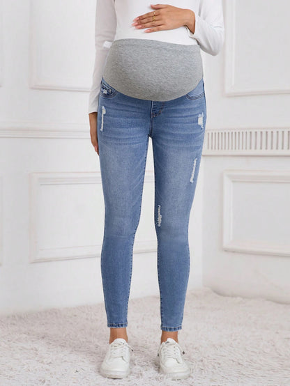 Pregnant Women Solid Patchwork Multi-Pocket Distressed Denim Jeans, Casual Everyday, For Maternity