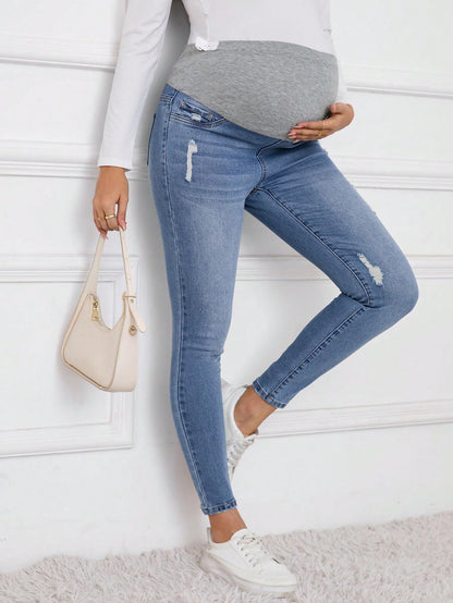 Pregnant Women Solid Patchwork Multi-Pocket Distressed Denim Jeans, Casual Everyday, For Maternity
