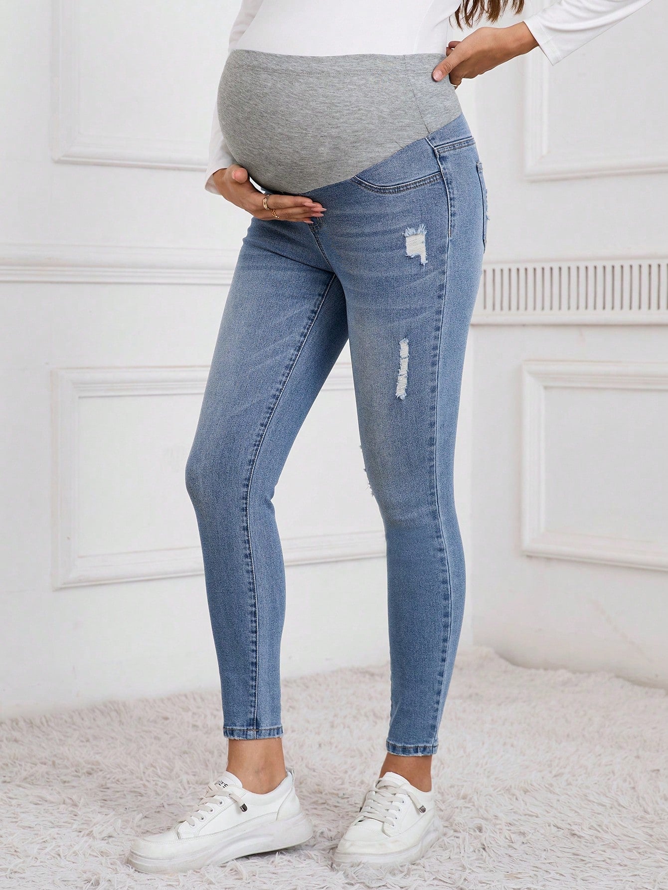 Pregnant Women Solid Patchwork Multi-Pocket Distressed Denim Jeans, Casual Everyday, For Maternity