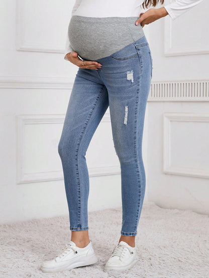 Pregnant Women Solid Patchwork Multi-Pocket Distressed Denim Jeans, Casual Everyday, For Maternity