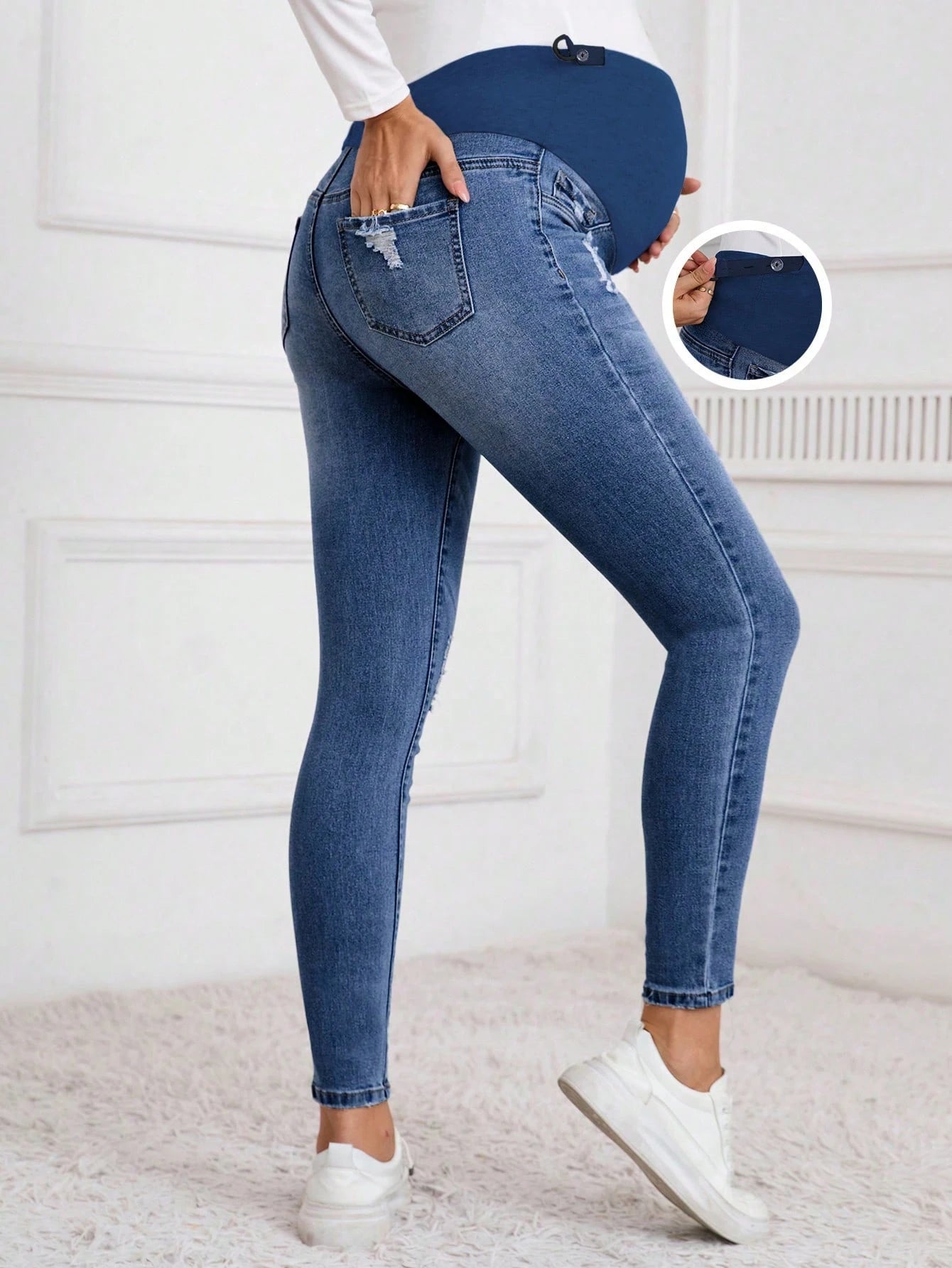Pregnant Women Solid Patchwork Multi-Pocket Distressed Denim Jeans, Casual Everyday, For Maternity