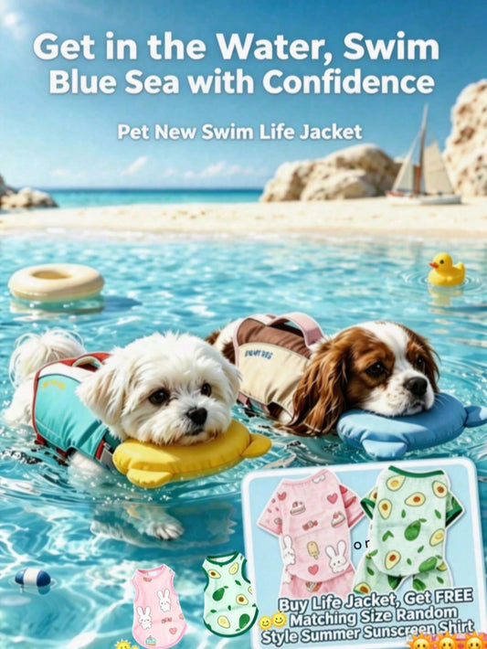 Premium Pet Life Jacket, High Buoyancy Design With Rescue Handle, Random Cute Color, Buy 1 Vest Get 1 Same Size UV Protection Sun Shirt, Lightweight Breathable Fabric, Suitable For Pool, Beach And Dai