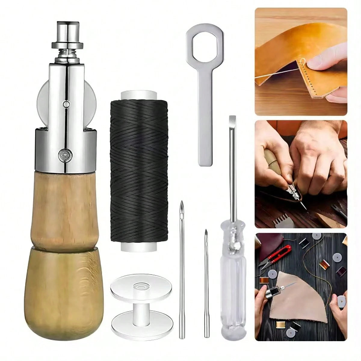 Professional Leather Sewing Awl Set, Fast Sewing Machine Tool, Suitable For DIY Handmade Repair, 1 Set With Needle- This Item Has AB 2 Set Options- A: 1 Set Of Hand Sewing Tool, B: Separate Flat Wax