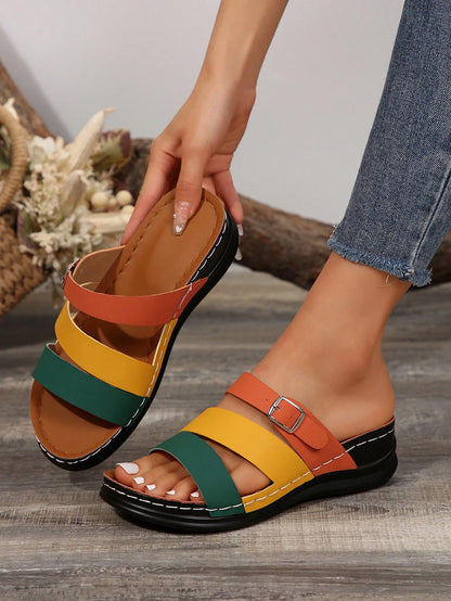 PWIIMG Women's New Summer Color-Block Open-Toe Sandals, Multi-Color Cross-Strap Wedge Platform Sandals, Suitable For Beach, Home, Street, And Commuting