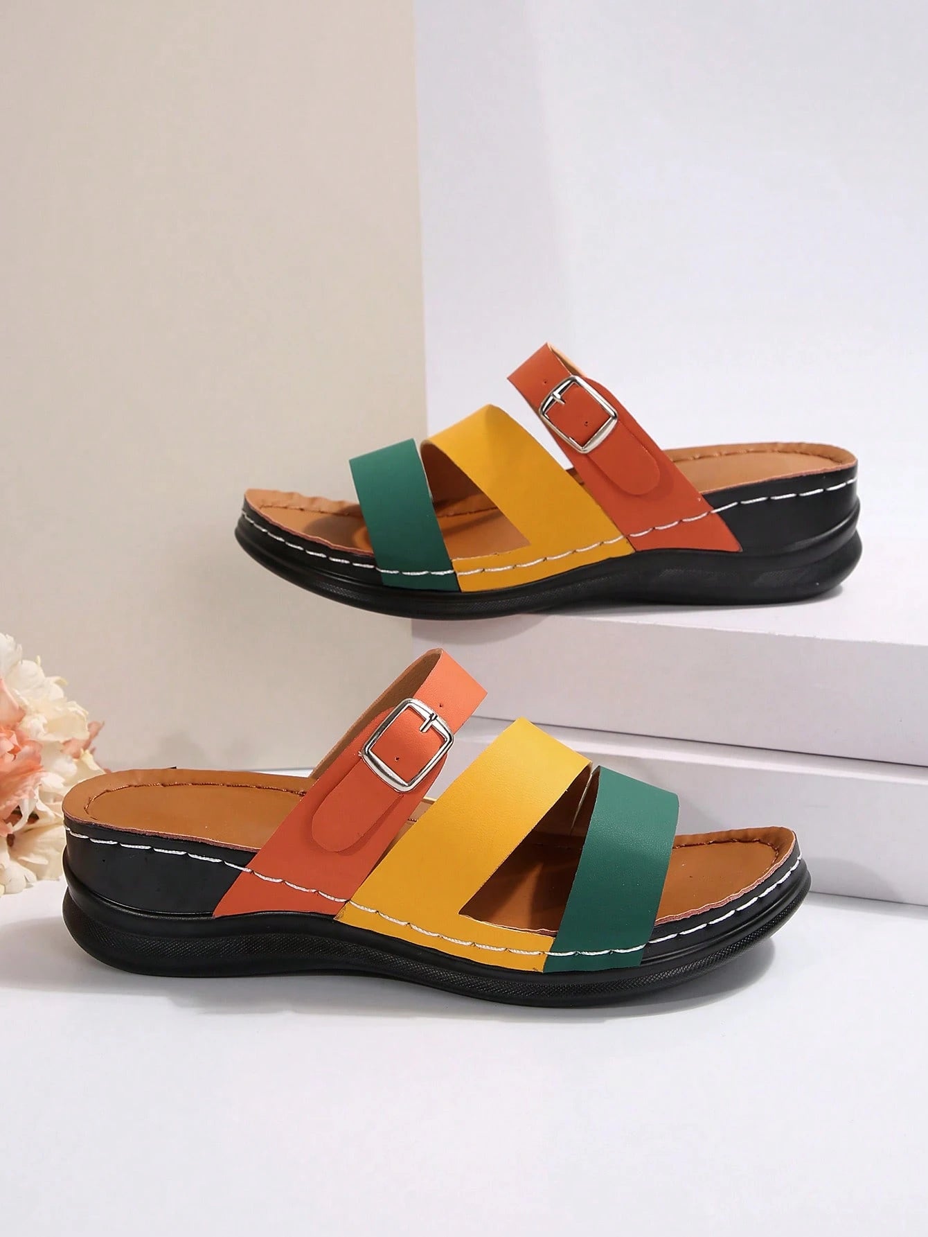 PWIIMG Women's New Summer Color-Block Open-Toe Sandals, Multi-Color Cross-Strap Wedge Platform Sandals, Suitable For Beach, Home, Street, And Commuting