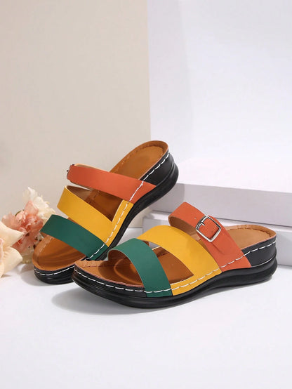 PWIIMG Women's New Summer Color-Block Open-Toe Sandals, Multi-Color Cross-Strap Wedge Platform Sandals, Suitable For Beach, Home, Street, And Commuting