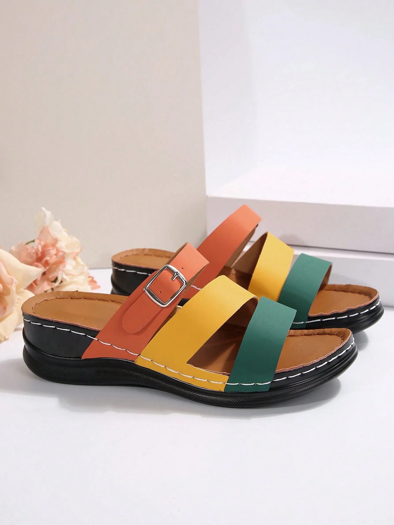 PWIIMG Women's New Summer Color-Block Open-Toe Sandals, Multi-Color Cross-Strap Wedge Platform Sandals, Suitable For Beach, Home, Street, And Commuting