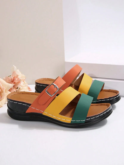 PWIIMG Women's New Summer Color-Block Open-Toe Sandals, Multi-Color Cross-Strap Wedge Platform Sandals, Suitable For Beach, Home, Street, And Commuting