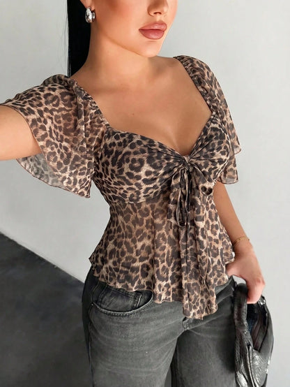 Radiana Curve Plus Size Women's Summer Fashion Leopard Print Off-Shoulder Tie Top