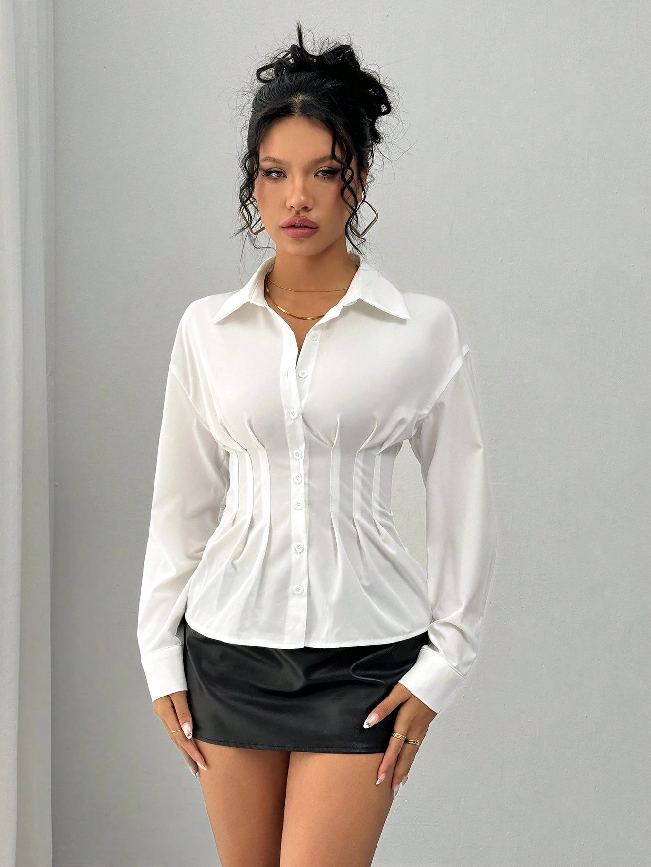 Rafferiza Gathered Waist Pleated Women Long Sleeve Fashion Blouse Women Shirt