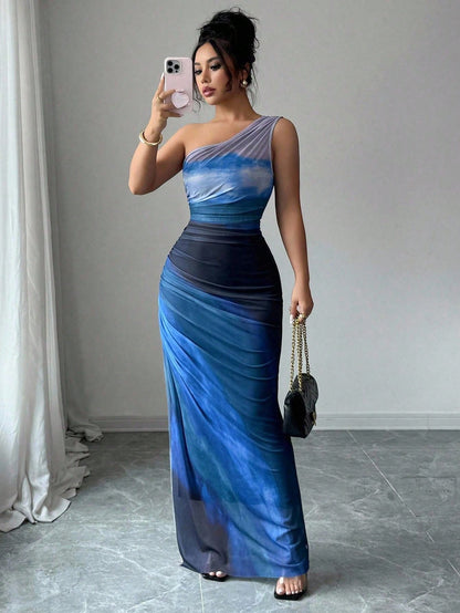 Rafferiza Graduated Color High Slit Asymmetric Collar Ruched Tulle Dress Maxi Women Outfit