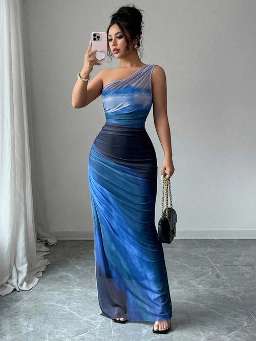 Rafferiza Graduated Color High Slit Asymmetric Collar Ruched Tulle Dress Maxi Women Outfit