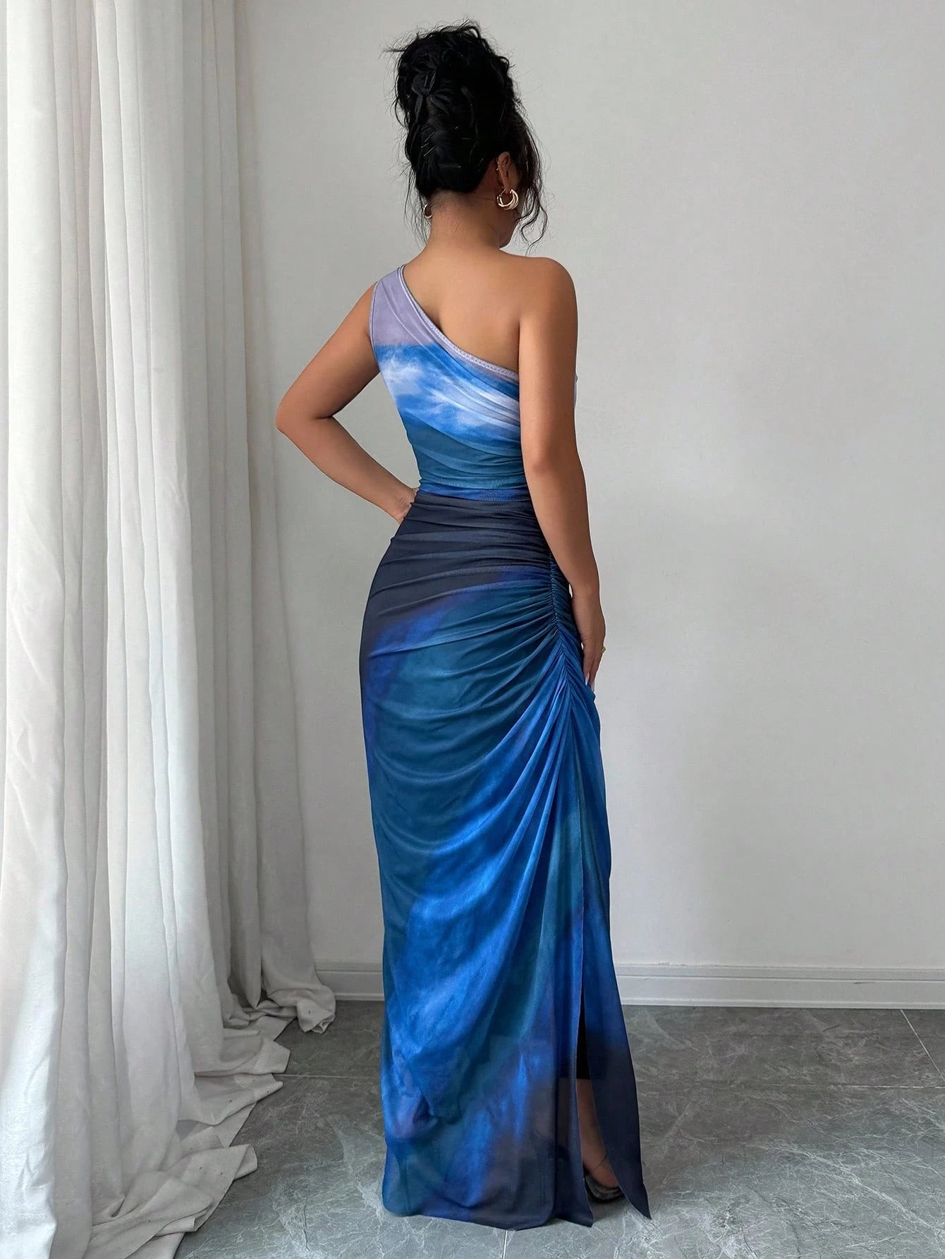 Rafferiza Graduated Color High Slit Asymmetric Collar Ruched Tulle Dress Maxi Women Outfit