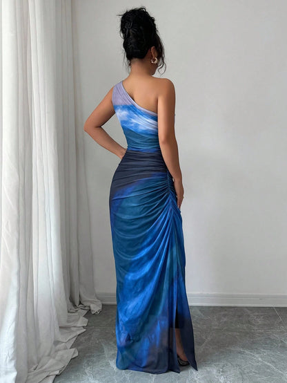 Rafferiza Graduated Color High Slit Asymmetric Collar Ruched Tulle Dress Maxi Women Outfit