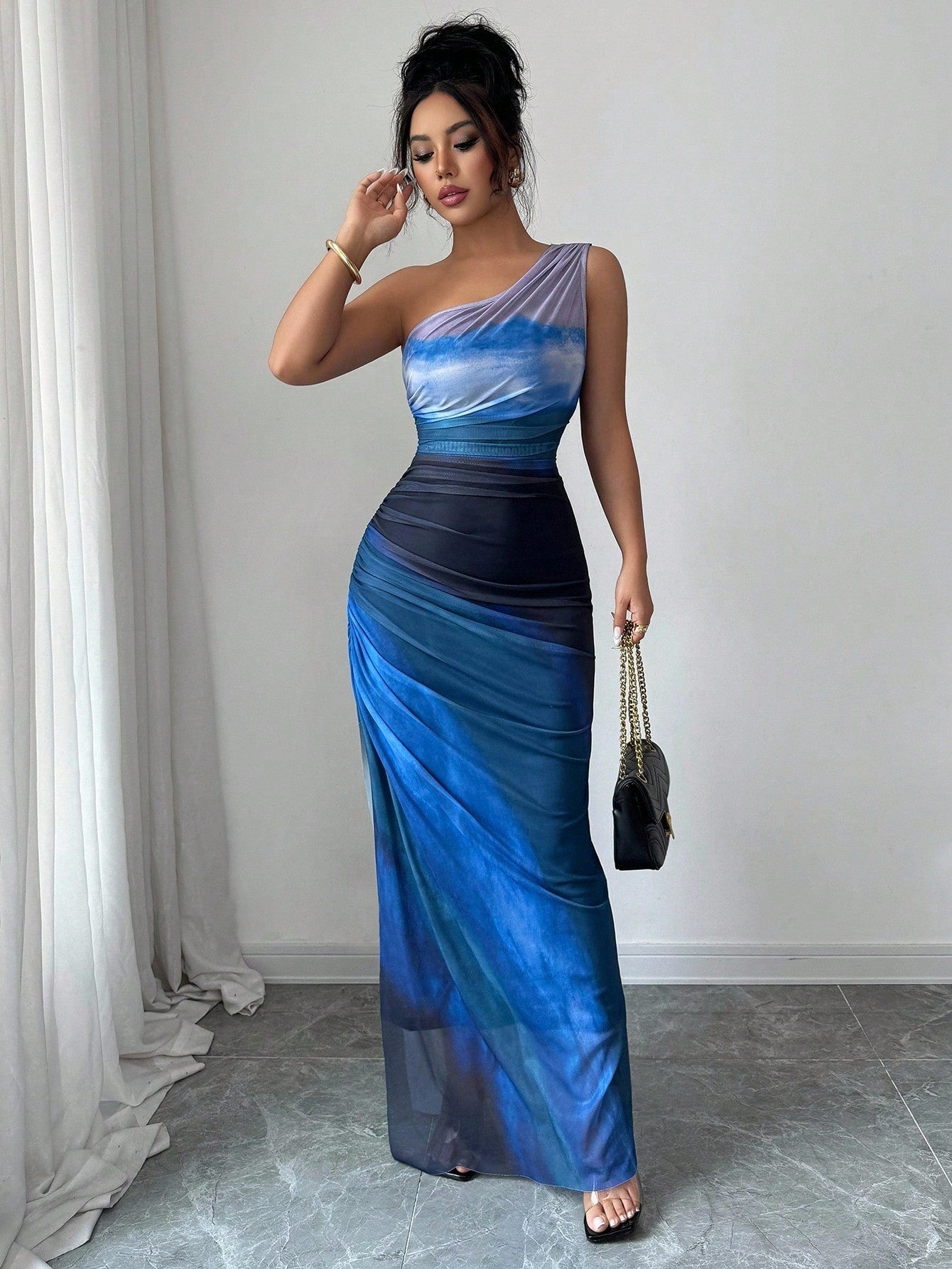 Rafferiza Graduated Color High Slit Asymmetric Collar Ruched Tulle Dress Maxi Women Outfit