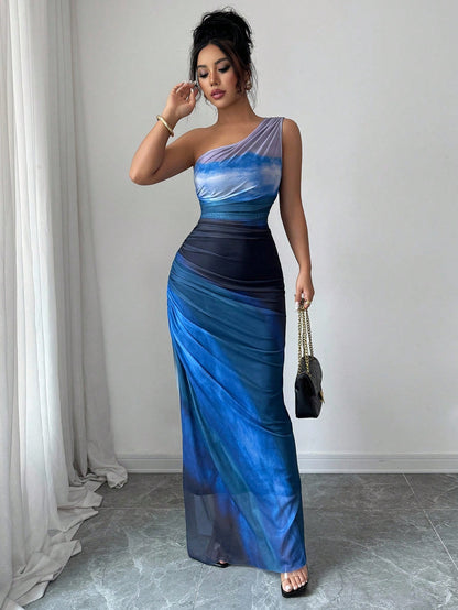 Rafferiza Graduated Color High Slit Asymmetric Collar Ruched Tulle Dress Maxi Women Outfit