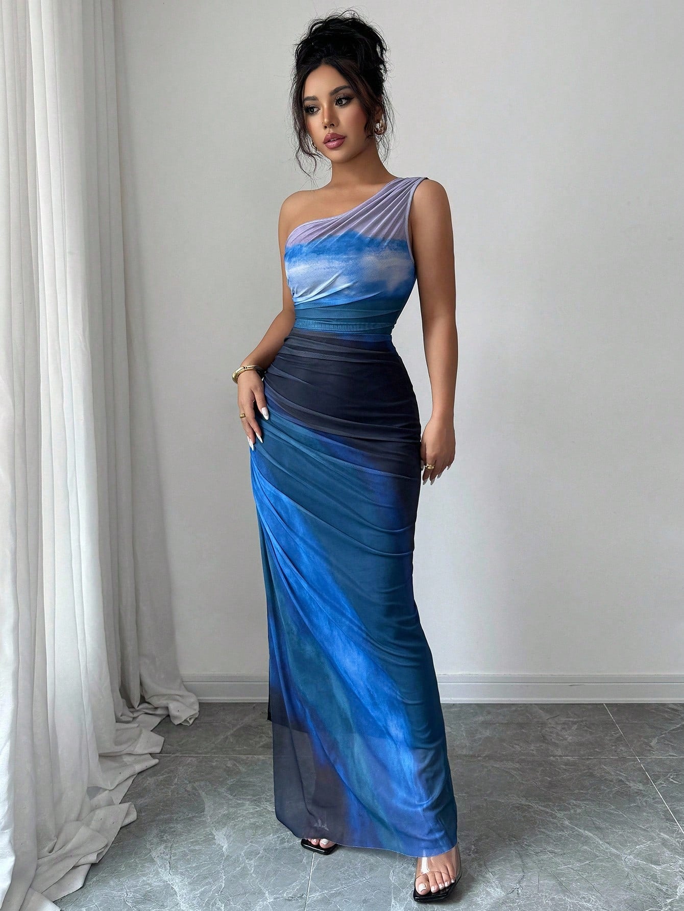 Rafferiza Graduated Color High Slit Asymmetric Collar Ruched Tulle Dress Maxi Women Outfit