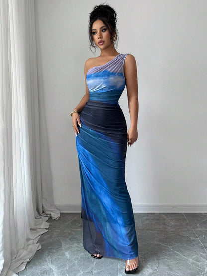 Rafferiza Graduated Color High Slit Asymmetric Collar Ruched Tulle Dress Maxi Women Outfit