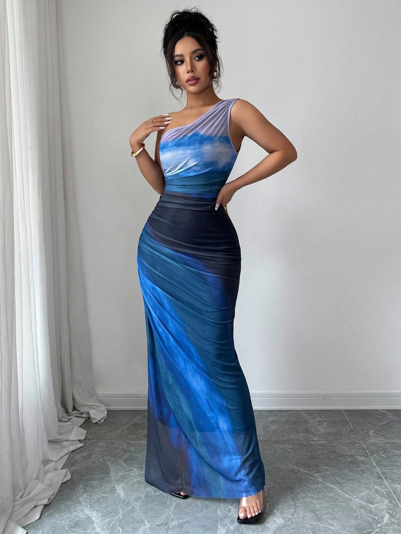 Rafferiza Graduated Color High Slit Asymmetric Collar Ruched Tulle Dress Maxi Women Outfit