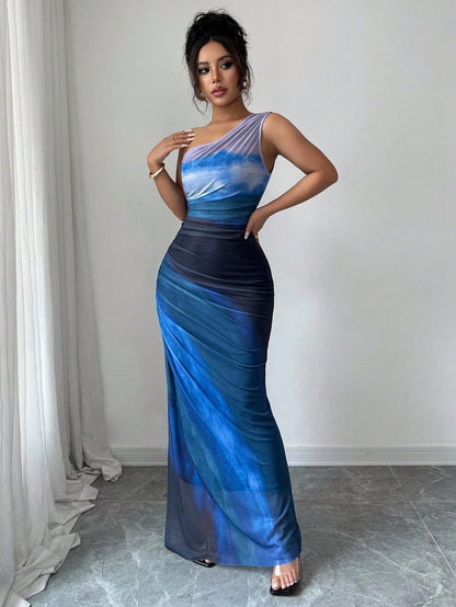 Rafferiza Graduated Color High Slit Asymmetric Collar Ruched Tulle Dress Maxi Women Outfit