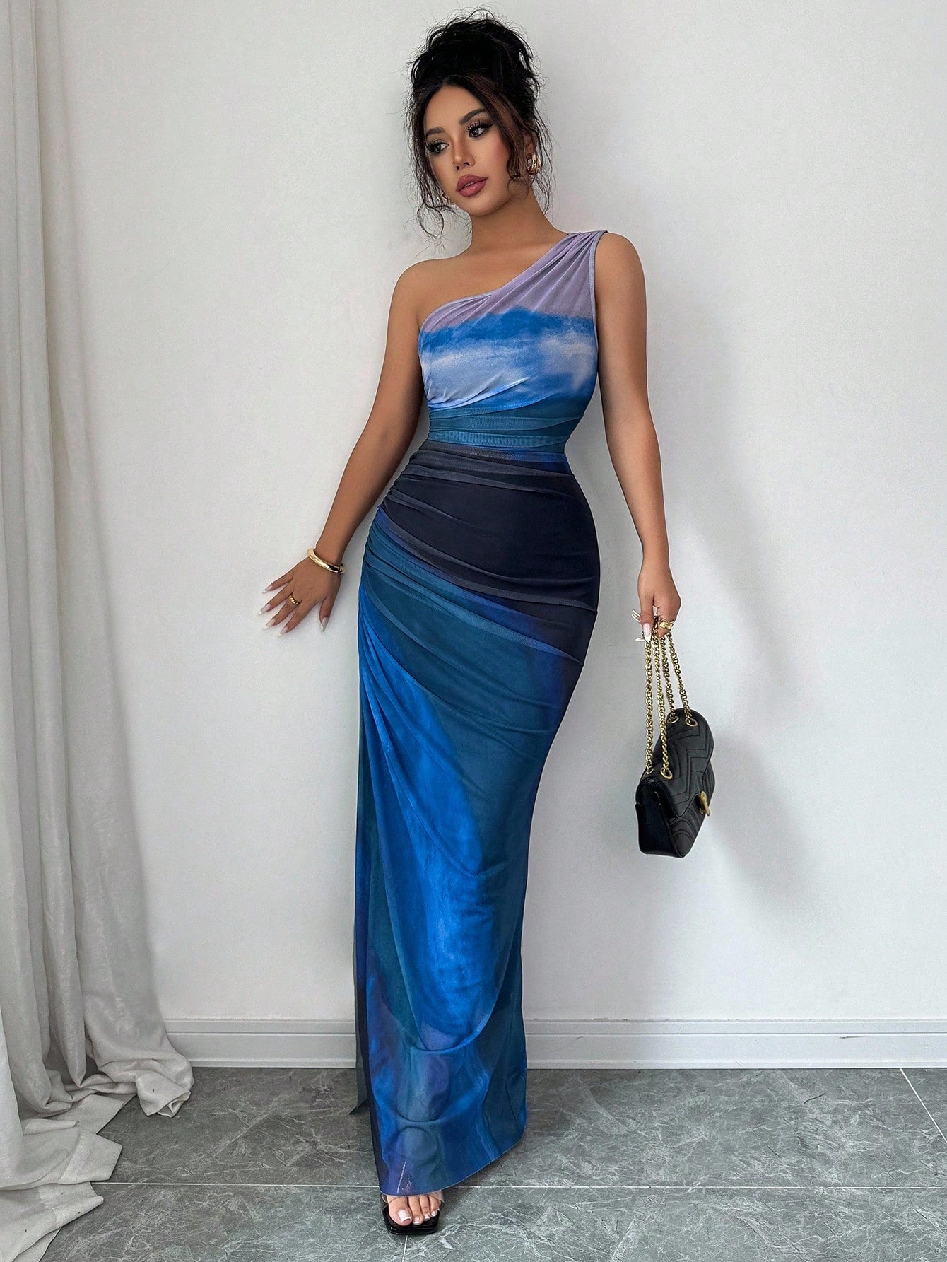Rafferiza Graduated Color High Slit Asymmetric Collar Ruched Tulle Dress Maxi Women Outfit