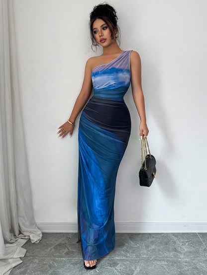 Rafferiza Graduated Color High Slit Asymmetric Collar Ruched Tulle Dress Maxi Women Outfit