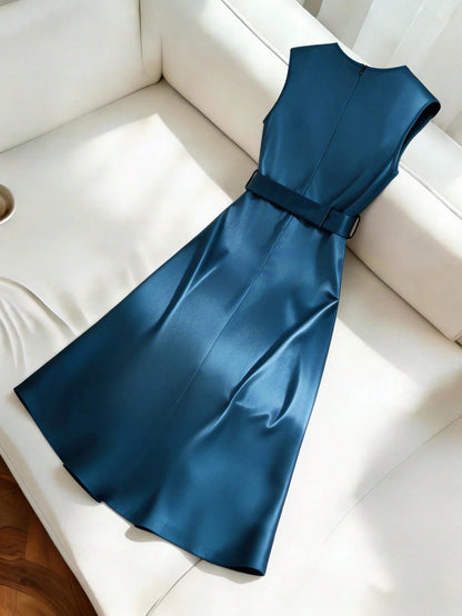 Rafferiza Women's Elegant Teal Blue Summer Tropical Cocktail Party Dinner Date Satin Dress V-Neck Bodycon Slim-Fit Business Commuter Stretch Innerwear Dress