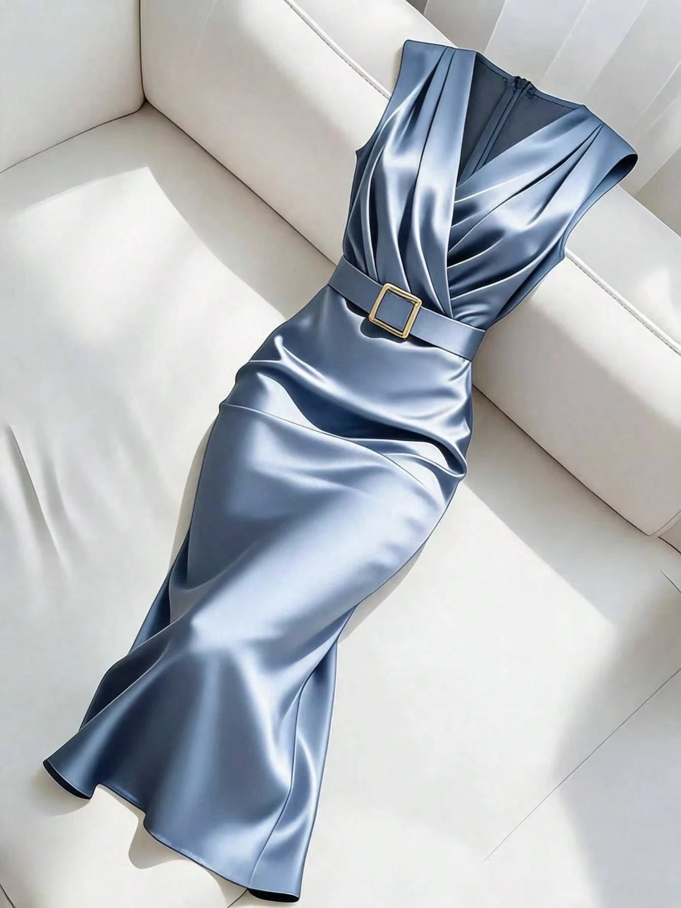 Rafferiza Women's Elegant Teal Blue Summer Tropical Cocktail Party Dinner Date Satin Dress V-Neck Bodycon Slim-Fit Business Commuter Stretch Innerwear Dress