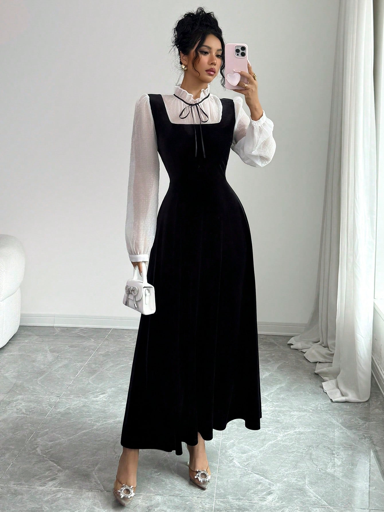 Rafferiza Women's Elegant Velvety Long Dress With Sophisticated High-End Vibe, Autumn/Winter