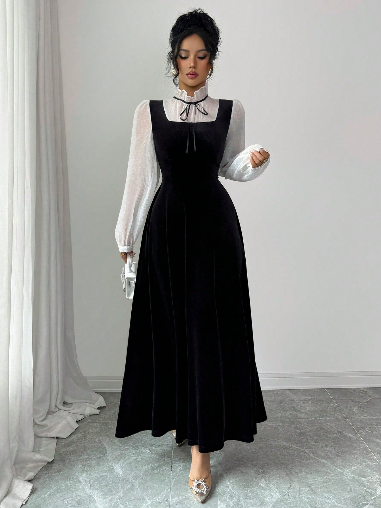 Rafferiza Women's Elegant Velvety Long Dress With Sophisticated High-End Vibe, Autumn/Winter