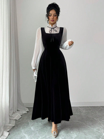 Rafferiza Women's Elegant Velvety Long Dress With Sophisticated High-End Vibe, Autumn/Winter
