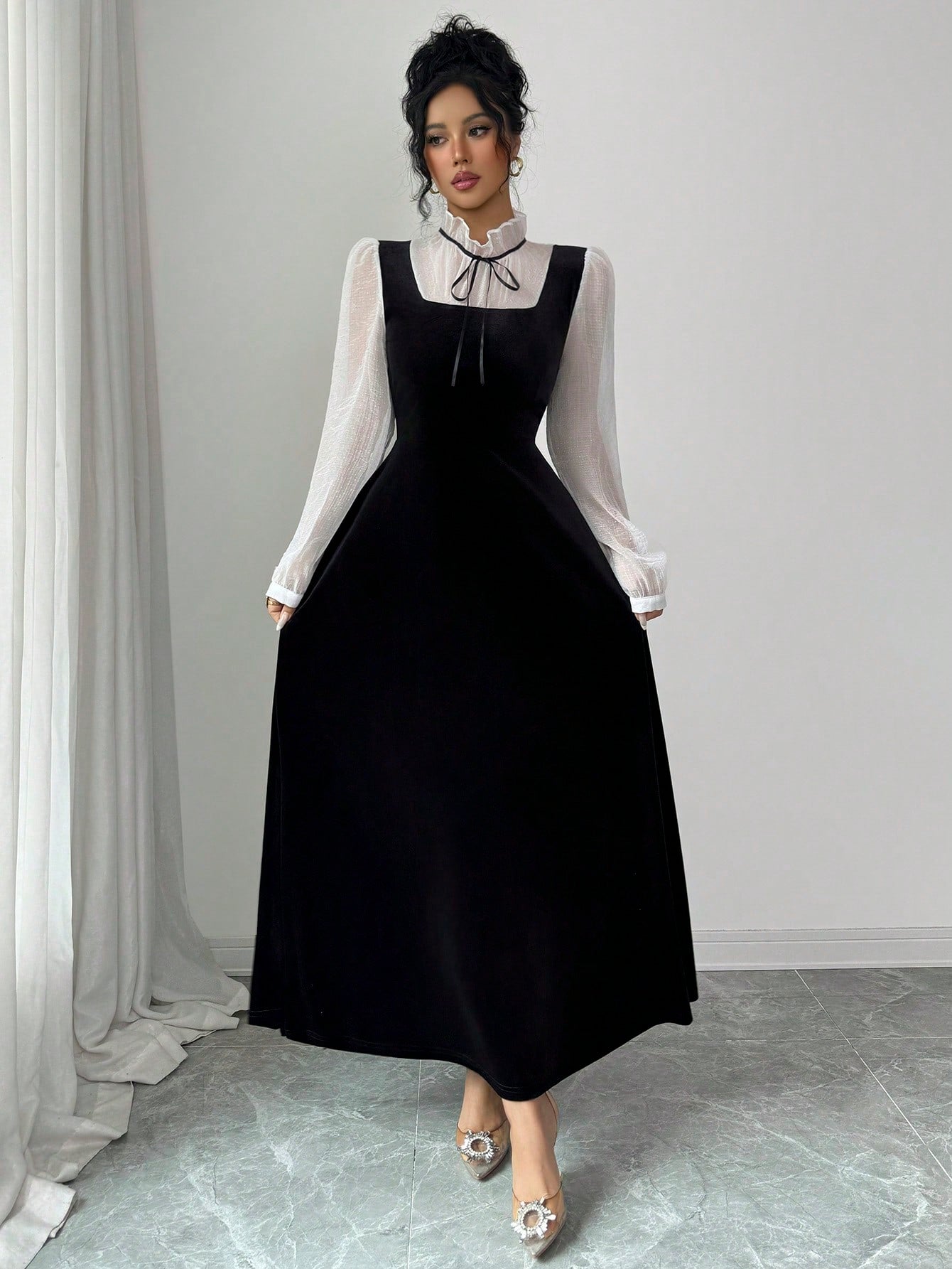 Rafferiza Women's Elegant Velvety Long Dress With Sophisticated High-End Vibe, Autumn/Winter