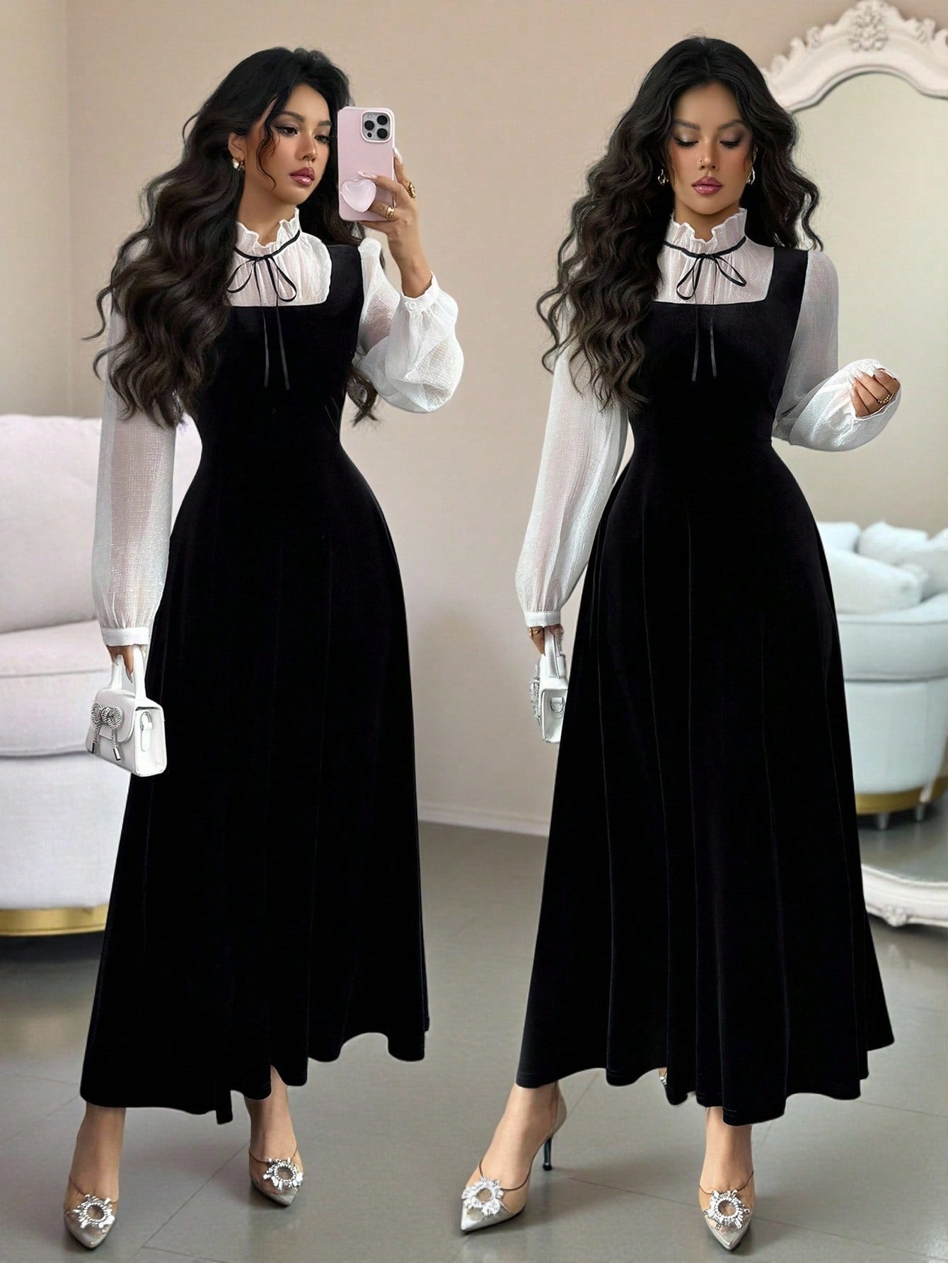 Rafferiza Women's Elegant Velvety Long Dress With Sophisticated High-End Vibe, Autumn/Winter