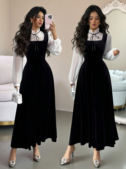 Rafferiza Women's Elegant Velvety Long Dress With Sophisticated High-End Vibe, Autumn/Winter