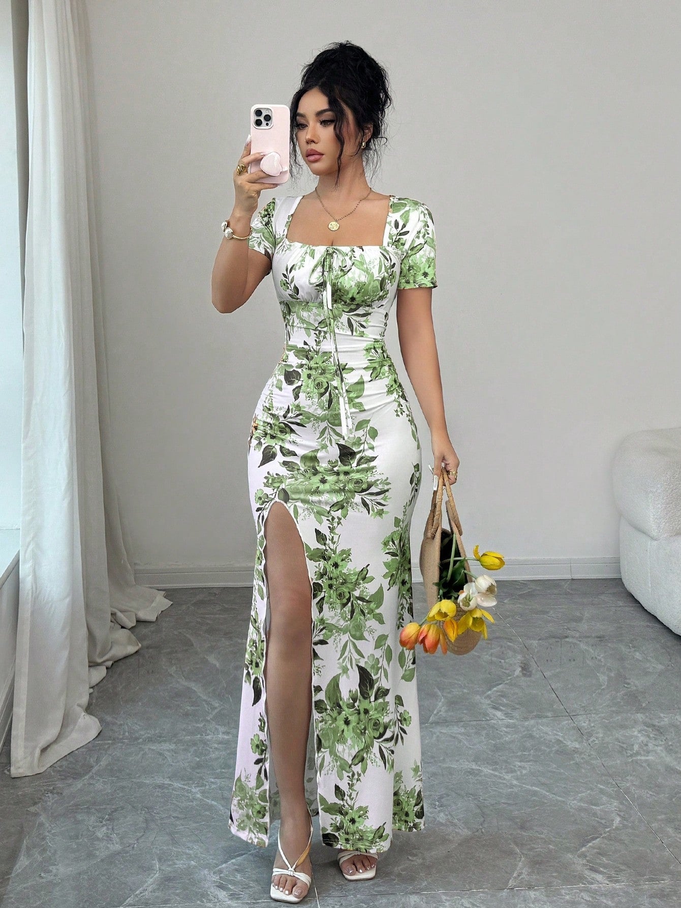 Rafferiza Women's Summer Short Sleeve Dress, Digital Printed Vacation Dress, Beach Holiday Dress With Slit Hem, Waist Ruched Long Dress