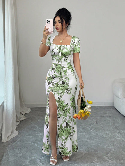 Rafferiza Women's Summer Short Sleeve Dress, Digital Printed Vacation Dress, Beach Holiday Dress With Slit Hem, Waist Ruched Long Dress