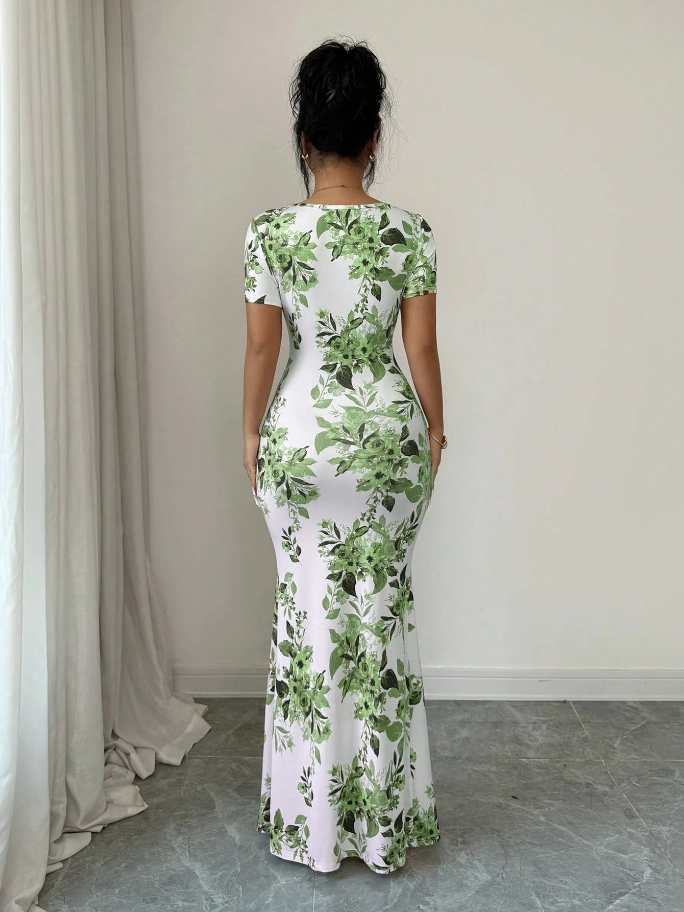 Rafferiza Women's Summer Short Sleeve Dress, Digital Printed Vacation Dress, Beach Holiday Dress With Slit Hem, Waist Ruched Long Dress