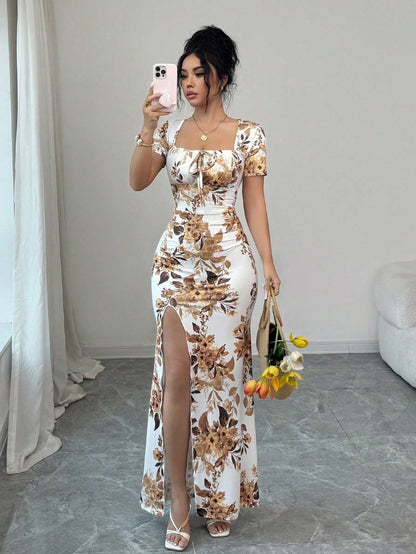 Rafferiza Women's Summer Short Sleeve Dress, Digital Printed Vacation Dress, Beach Holiday Dress With Slit Hem, Waist Ruched Long Dress