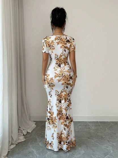 Rafferiza Women's Summer Short Sleeve Dress, Digital Printed Vacation Dress, Beach Holiday Dress With Slit Hem, Waist Ruched Long Dress
