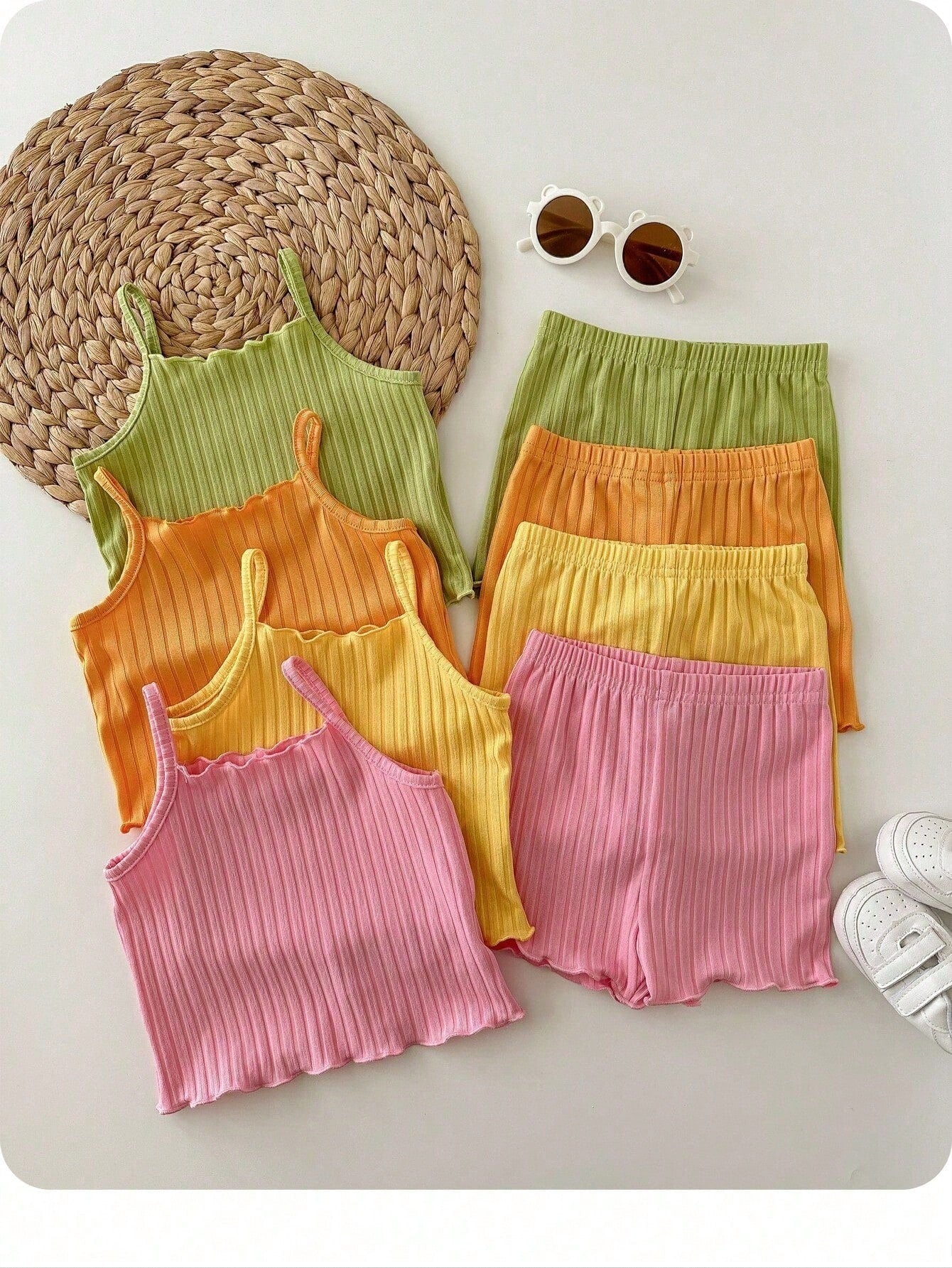 Random 8pcs/Set Baby Girl Pink And Green Summer Outfit,Casual Solid Ribbed Knit Camisole Tops And Shorts Set,Home Wear Cute Daily Clothes For Girls