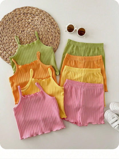 Random 8pcs/Set Baby Girl Pink And Green Summer Outfit,Casual Solid Ribbed Knit Camisole Tops And Shorts Set,Home Wear Cute Daily Clothes For Girls